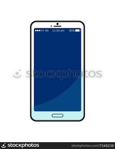 Blue empty mobile phone screen with time and charge rate, blank display of cellphone, electronic gadget smartphone device isolated on white vector. Blue Empty Mobile Phone Screen Time and Charge