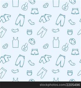 Blue endless pattern for a boy with Doodle clothing drawings. Seamless background in the children&rsquo;s room, tailoring, Wallpaper for your phone. Packaging paper design