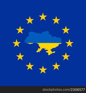 Blue European Union flag with yellow stars and Ukraine map in color of national flag. European Union Accepts Ukraine&rsquo;s Membership Application, Special Admission Procedure Initiated. Pray for Ukraine. Blue European Union flag with yellow stars and Ukraine map in color of national flag. European Union Accepts Ukraine&rsquo;s Membership Application, Special Admission Procedure Initiated. Pray for Ukraine.