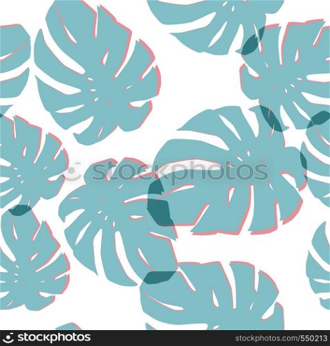 Blue exotic monstera leaves seamless pattern white background. Tropical trendy composition wallpaper