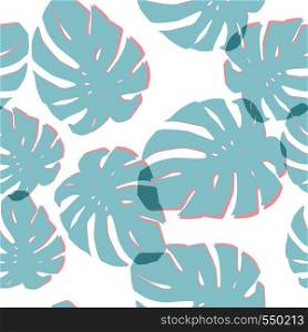 Blue exotic monstera leaves seamless pattern white background. Tropical trendy composition wallpaper