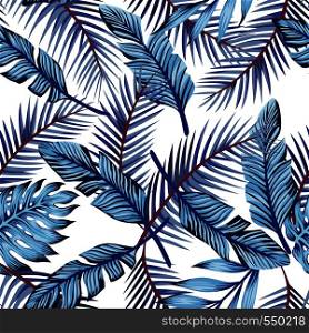 Blue exotic tropical palm leaves monstera seamless pattern white background