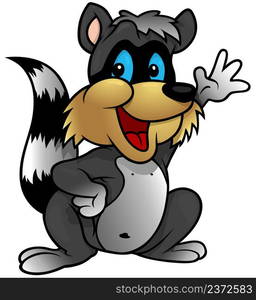 Blue-eyed Smiling Raccoon with a Raised Paw - Colored Cartoon Illustration Isolated on White Background, Vector