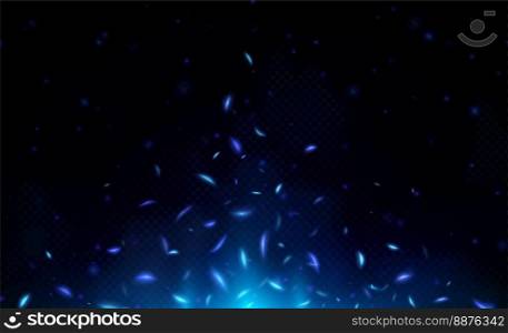 Blue fire effect with flying light sparks. Abstract overlay background with shiny dust, glitter, blue flare with sparkles and glowing particles, vector realistic illustration. Blue fire effect with flying light sparks