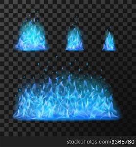 Blue fire flames. Light hot blazing, danger and power burn illustration, energy fiery warm glow vector. Blue fire flames. Light hot blazing, danger and power
