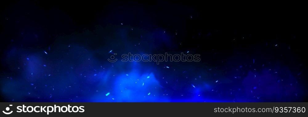 Blue fire overlay with spark ember flame and smoke realistic background. Flying light ice energy particle. Neon burnt steam texture. 3d twinkle shine of cold powder in air panoramic vector witchcraft. Blue fire overlay with spark ember flame and smoke