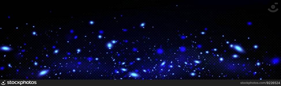 Blue fireflies glowing on dark transparent background. Vector realistic illustration of abstract neon lights sparkling, magic dust particles texture, mysterious stars shimmering in space galaxy. Blue fireflies glowing on transparent background