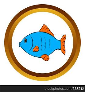 Blue fish vector icon in golden circle, cartoon style isolated on white background. Blue fish vector icon, cartoon style