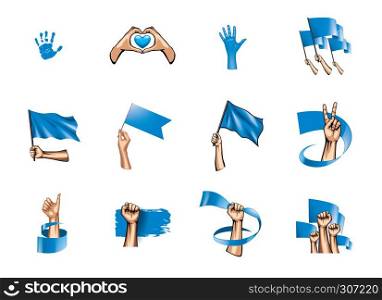 blue flag and hand on white background. Vector illustration.. blue flag and hand on white background. Vector illustration
