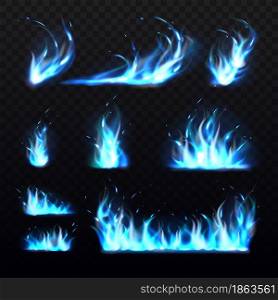 Blue flames. Realistic cold burning effects, 3d magic fires, carbon monoxide gas colored flame, different shapes, glowing sparks, bonfire and fiery borders decorative elements, vector isolated set. Blue flames. Realistic cold burning effects, 3d magic fires, carbon monoxide gas colored flame, different shapes, glowing sparks, fiery borders decorative elements, vector isolated set