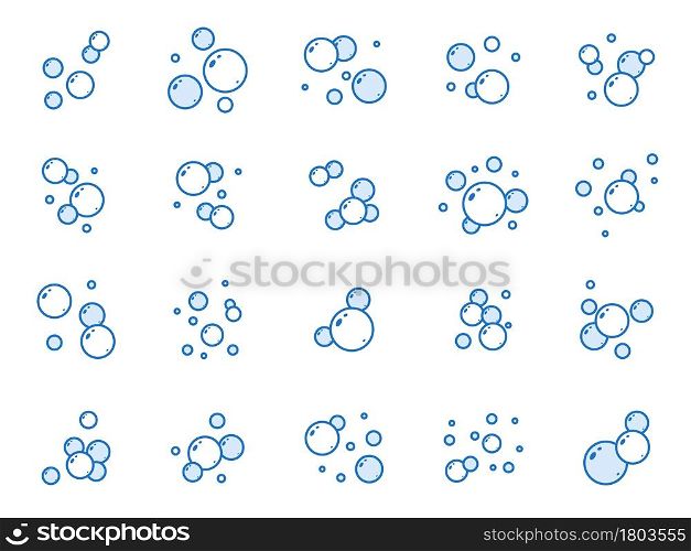 Blue flat air bubbles. Linear soap bubbles, outline water boiling icons, foam circles effervescent compositions, cleaning signs. Cleaning detergent, shower gel or shampoo. Vector isolated on white set. Blue flat air bubbles. Linear soap bubbles, outline water boiling icons, foam circles effervescent compositions, cleaning signs. Cleaning detergent, shower gel or shampoo. Vector isolated set