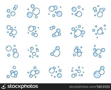 Blue flat air bubbles. Linear soap bubbles, outline water boiling icons, foam circles effervescent compositions, cleaning signs. Cleaning detergent, shower gel or shampoo. Vector isolated on white set. Blue flat air bubbles. Linear soap bubbles, outline water boiling icons, foam circles effervescent compositions, cleaning signs. Cleaning detergent, shower gel or shampoo. Vector isolated set