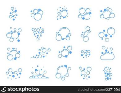 Blue flat bubbles. Outline soap balls. Fizzy soda effect. Simple air icons. Boiling water silhouettes. Sh&oo or powder scum. Clean suds forms. Laundry or bath lather. Vector foam contour shapes set. Blue flat bubbles. Outline soap balls. Fizzy soda effect. Simple air icons. Boiling water silhouettes. Sh&oo or powder scum. Clean forms. Laundry or bath lather. Vector foam shapes set