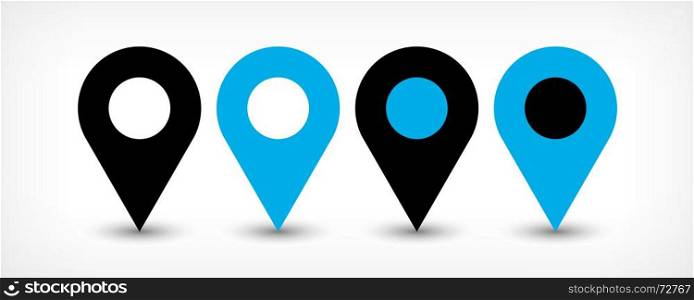 Blue flat map pin sign location icon with shadow. Map pin sign location icon with gray shadow in flat simple style. Four variants in two color black and blue rounded shapes isolated on white background. Vector illustration web design element 8 EPS