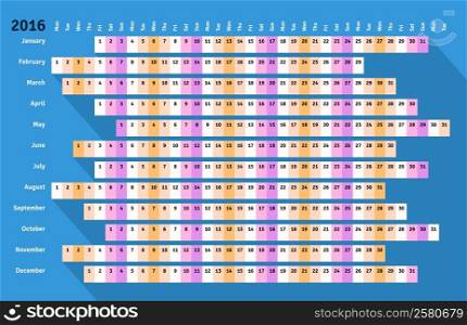 Blue flat styled linear calendar 2016 with long shadow