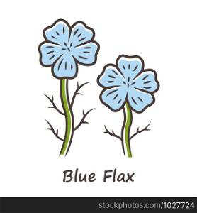Blue flax plant color icon. Linen wild flower with name inscription. Spring blossom. Blooming linum wildflower inflorescence. Isolated vector illustration