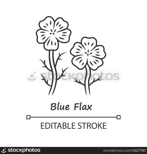 Blue flax plant linear icon. Thin line illustration. Linen wild flower with name inscription. Spring blossom. Blooming linum wildflower inflorescence. Vector isolated outline drawing. Editable stroke