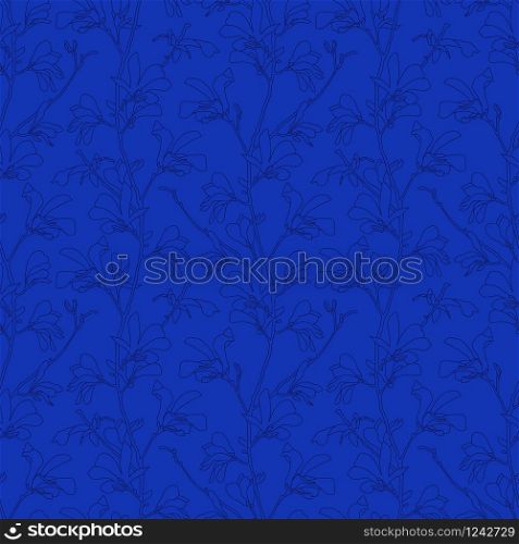 Blue floral background with branch and magnolia flower. Seamless pattern with magnolia tree blossom. Spring design with floral elements. Hand drawn botanical illustration