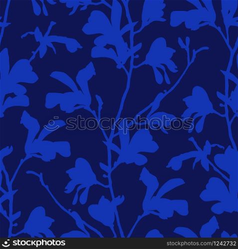Blue floral background with branch and magnolia flower. Seamless pattern with magnolia tree blossom. Spring design with floral elements. Hand drawn botanical illustration