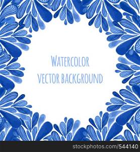 Blue floral banner frame in russian gzhel style or holland style. Vecor template with watercolor decoration. Can be used for greeting card, banner, souvenir design. Blue floral banner frame in russian gzhel style or holland style. Vecor template with watercolor decoration. Can be used for greeting card, banner, souvenir design.