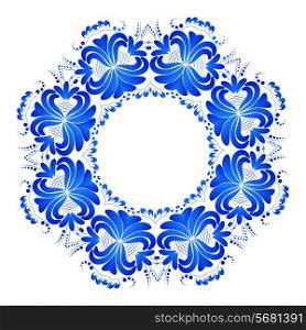 Blue floral ornament in Gzhel style isolated on white background. Vector illustration.