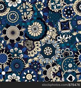 Blue floral outline ornamental pattern in ethnic style. Vector decorative background. Blue floral ornamental pattern