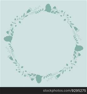 Blue floral outline round frame. Botanical template with flowers
