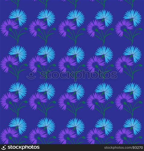 Blue flower cornflower isolated on white background. Cartoon vector centaurea cyanus illustration. Seamless pattern with blue flower cornflower isolated on white background. Cartoon vector centaurea cyanus illustration