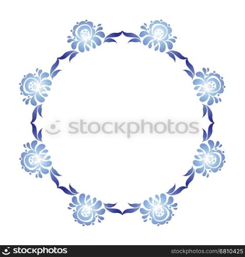Blue flower in gzhel style. Blue and white floral circle frame in russian gzhel style. Folk vector decoration with flowers and leaves for web and print design.
