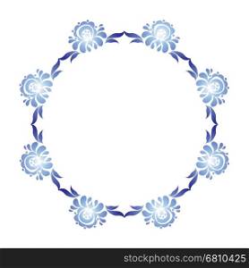 Blue flower in gzhel style. Blue and white floral circle frame in russian gzhel style. Folk vector decoration with flowers and leaves for web and print design.