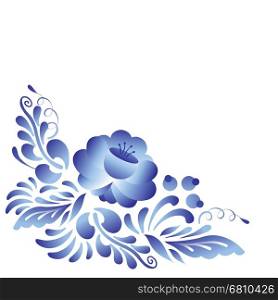 Blue flower in gzhel style. Blue and white floral corner frame in russian gzhel style. Folk vector decoration with flowers and leaves for web and print design.