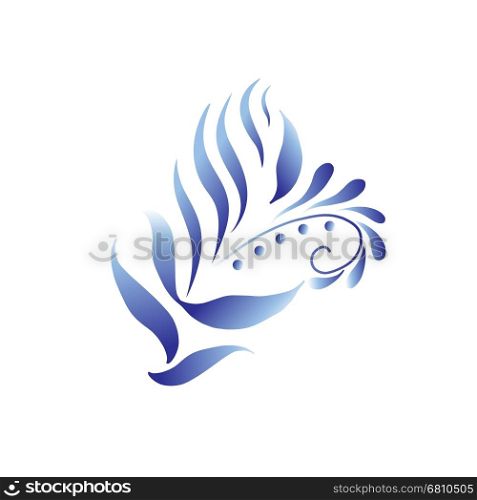 Blue flower in gzhel style. Blue and white floral element in russian gzhel style. Folk vector decoration with flowers and leaves for web and print design.