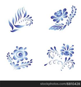 Blue flower in gzhel style. Blue and white floral elements set in russian gzhel style. Folk vector decoration with flowers and leaves for web and print design.
