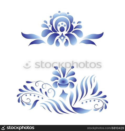 Blue flower in gzhel style. Blue and white floral elements set in russian gzhel style. Folk vector decoration with flowers and leaves for web and print design.