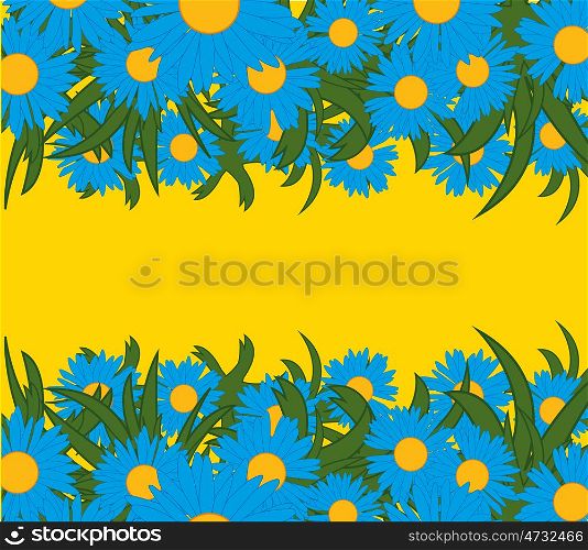 Blue flower in herb on yellow background. Flower and herb