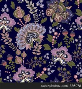 Blue flowers fantasy pattern. Dark indian batik with decorative flowers. Indian fantasy wallpaper. Hand drawn plants background. Decorative illustration. Colorful indian wallpaper. Indonesian print