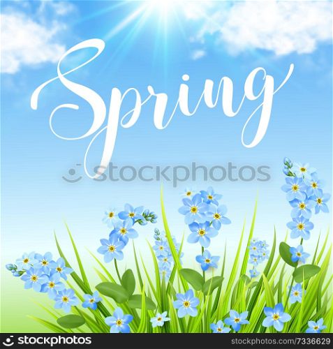 Blue flowers, green grass and clouds on a blue sky background. Spring floral background. Vector illustration.