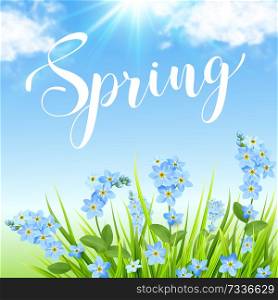 Blue flowers, green grass and clouds on a blue sky background. Spring floral background. Vector illustration.