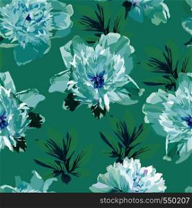 Blue flowers peonies abstract color seamless pattern mint background
