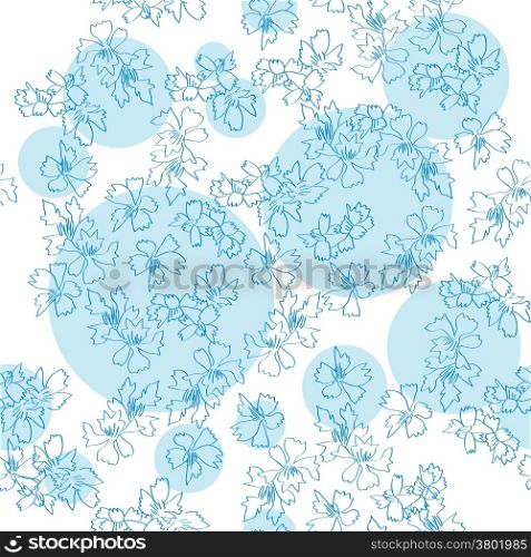Blue flowers sketch pattern over white background with cicular spots, cornflowers doodles