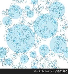 Blue flowers sketch pattern over white background with cicular spots, cornflowers doodles