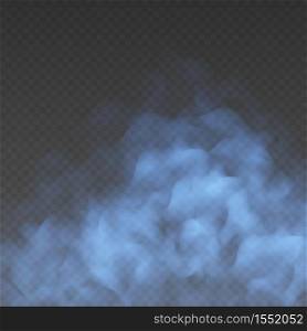 Blue fog or smoke cloud isolated on transparent background. Realistic smog, haze, mist or cloudiness effect. Realistic vector illustration.. Blue fog or smoke cloud isolated on transparent background. Realistic smog, haze, mist or cloudiness effect.