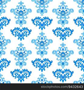 Blue foliage and leaves, blue flowers and blossom. Flourishing and blooming, spring decoration with swirls of leafage and branches. Seamless pattern, wallpaper print background. Vector in flat style. Vintage leaves and flowers, foliage and blossom