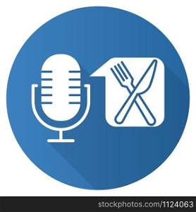 Blue food ordering command flat design long shadow glyph icon. Voice control application idea. Restaurant searching. Portable microphone. Modern sound record equipment. Vector silhouette illustration