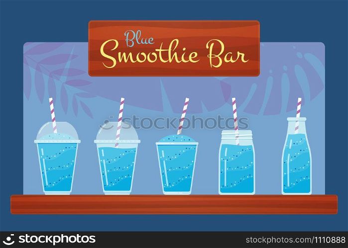 Blue fresh fruit smoothies vector set. Natural vitamin blended cocktail or milkshake in jar, bottle and glass with sign Smoothie Bar and tropical leaves for take away banner or summer beverages menu. Blue fresh fruit smoothie or cocktail vector set.
