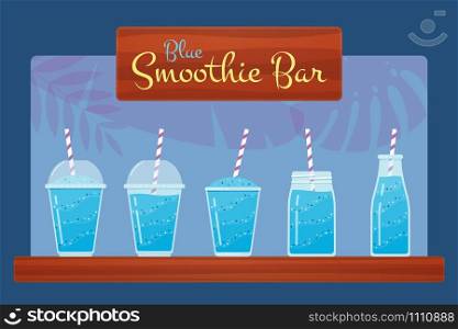 Blue fresh fruit smoothies vector set. Natural vitamin blended cocktail or milkshake in jar, bottle and glass with sign Smoothie Bar and tropical leaves for take away banner or summer beverages menu. Blue fresh fruit smoothie or cocktail vector set.