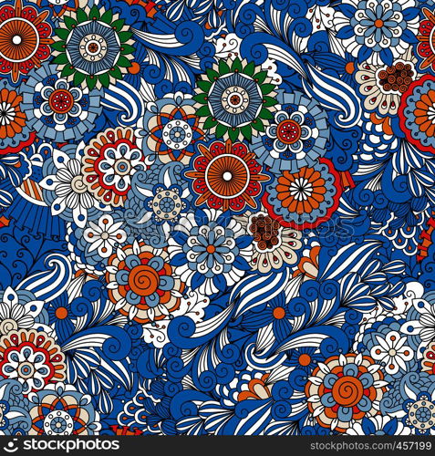 Blue full frame floral seamless background with other geometric elements and intricate designs. Blue full frame floral seamless background