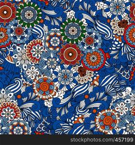 Blue full frame floral seamless background with other geometric elements and intricate designs. Blue full frame floral seamless background