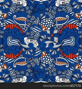 Blue full frame seamless intricate background composed of lovely floral patterns and geometric designs. Blue full frame seamless intricate background