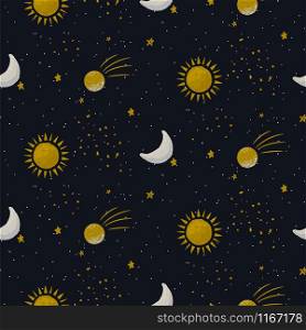 Blue galaxy seamless vector pattern background with sun, planets and star cosmic shapes. Starry night astrology repeat texture.. Blue galaxy seamless vector pattern background with sun, planets and star cosmic shapes.
